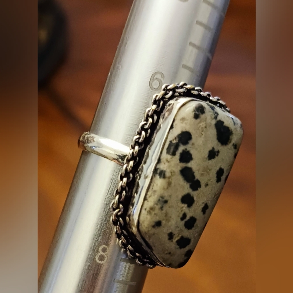 Dalmation Jasper Sterling Plated Ring, Size 7, 1" in length, NWOT
